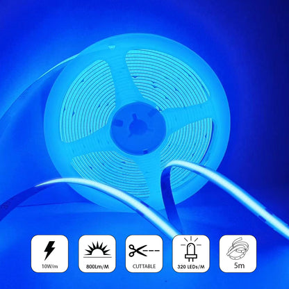 24V COB LED Strip Lights with 480 LEDs/M, 12W/M, 1200lm/M, CRI 90-92, Blue Colour