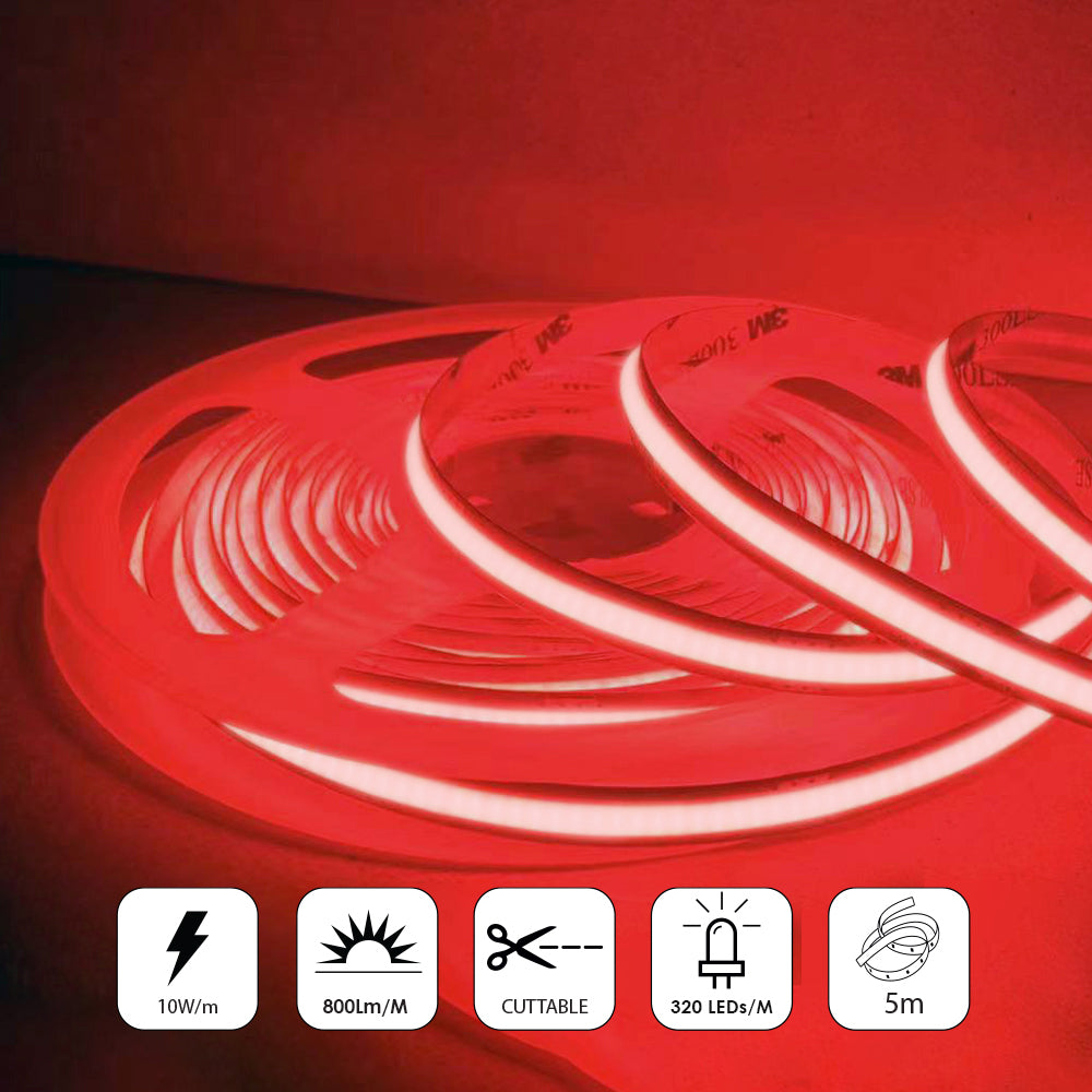 24V COB LED Strip Lights with 480 LEDs/M, 12W/M, 1200lm/M, CRI 90-92, Red Colour