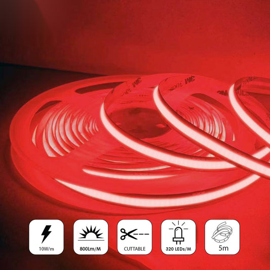 24V COB LED Strip Lights with 480 LEDs/M, 12W/M, 1200lm/M, CRI 90-92, Red Colour – Ener-J