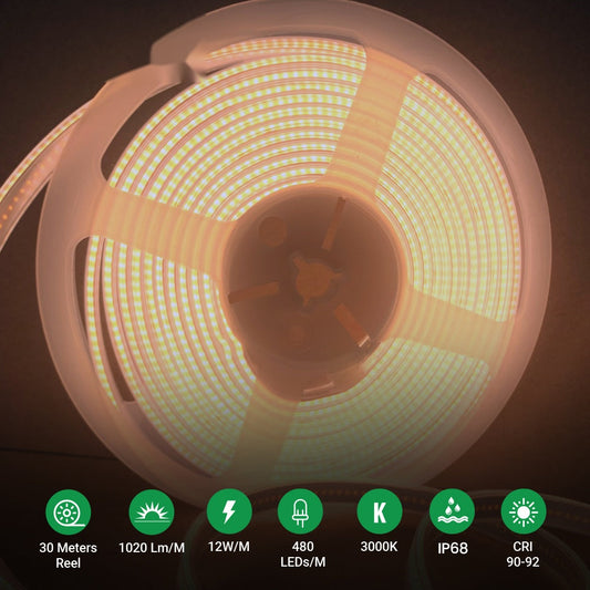 24V COB LED Strip Lights 30 Meters Reel with 480 LEDs/M, 12W/M, 1200lm/M, CRI 90-92, 3000K, IP68 – Ener-J