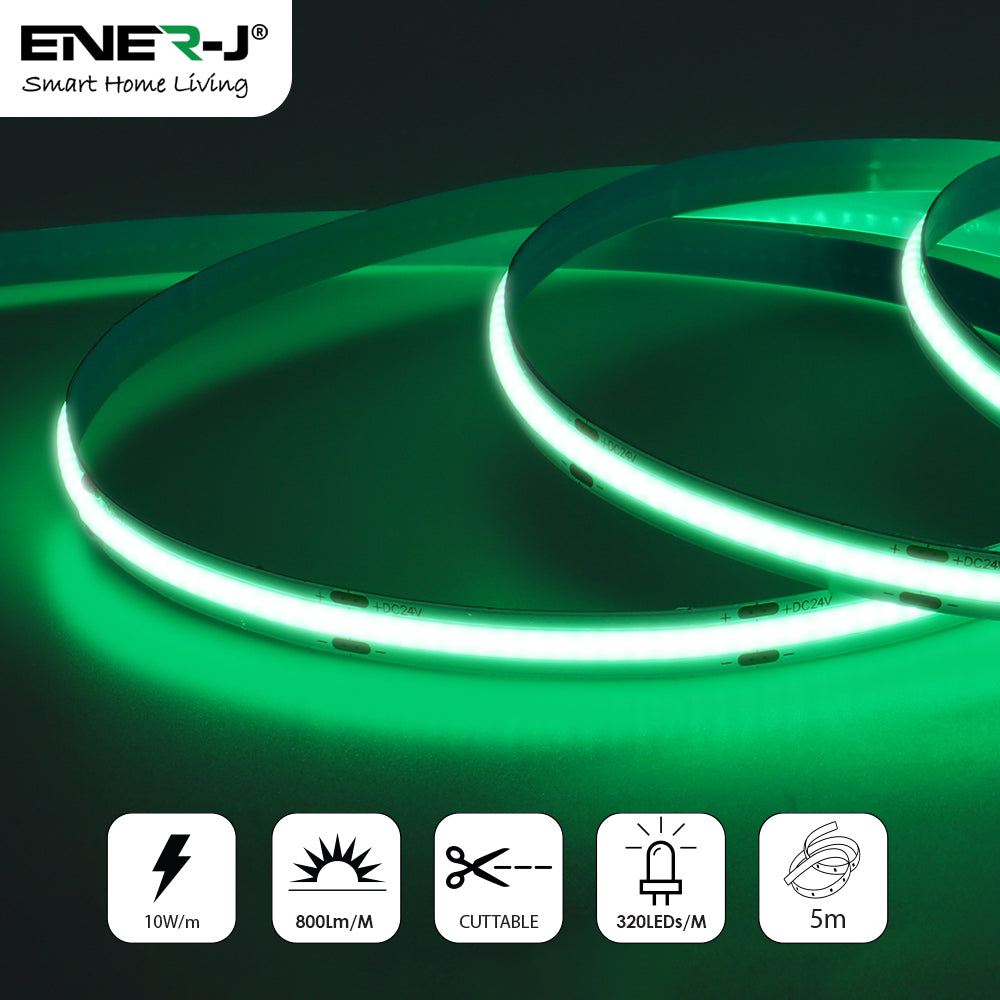 24V COB LED Strip Lights with 480 LEDs/M, 10W/M, 800lm/M, CRI 90-92, Green Colour