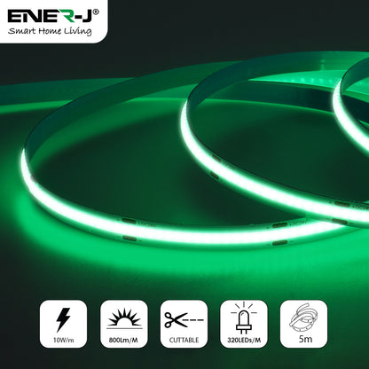 24V COB LED Strip Lights with 480 LEDs/M, 10W/M, 800lm/M, CRI 90-92, Green Colour