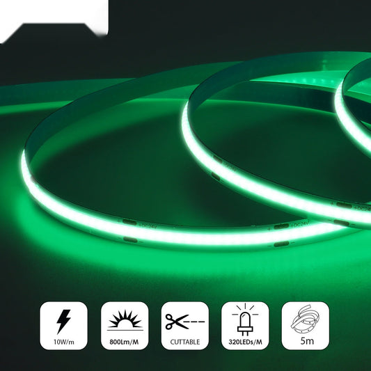 24V COB LED Strip Lights with 480 LEDs/M, 10W/M, 800lm/M, CRI 90-92, Green Colour – Ener-J