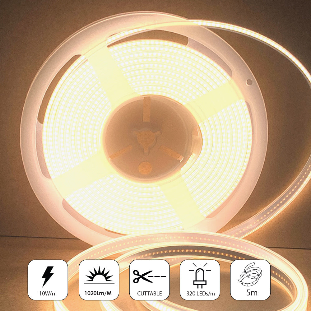 24V COB LED Strip Lights with 480 LEDs/M, 12W/M, 1020lm/M, CRI 90-92, 4000K, IP65