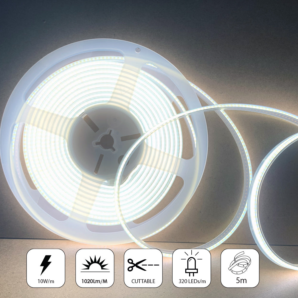 24V COB LED Strip Lights with 480 LEDs/M, 12W/M, 1020lm/M, CRI 90-92, 6500K, IP65