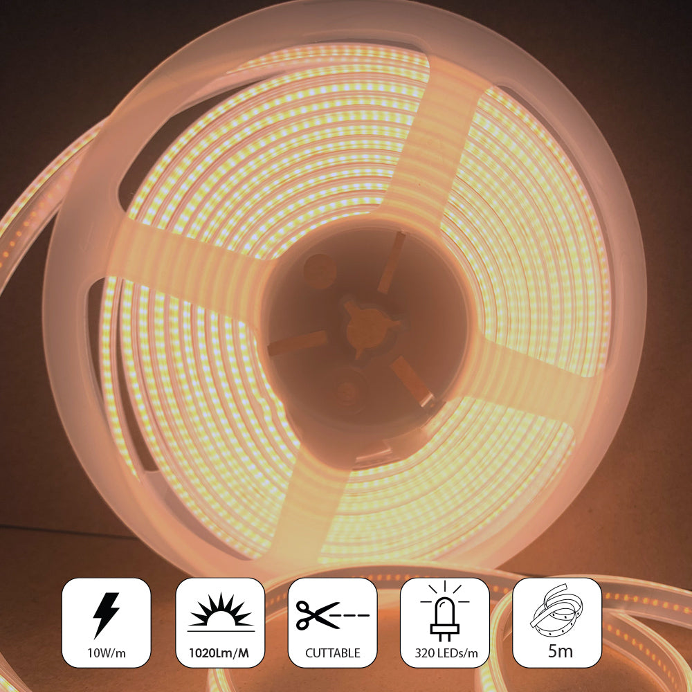 24V COB LED Strip Lights with 480 LEDs/M, 12W/M, 1200lm/M, CRI 90-92, 3000K, IP65