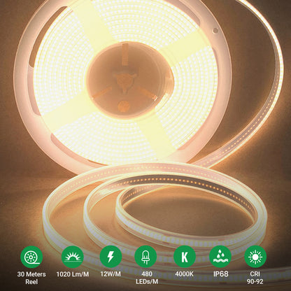 24V COB LED Strip Lights 30 Meters Reel with 480 LEDs/M, 12W/M, 1200lm/M, CRI 90-92, 4000K, IP68