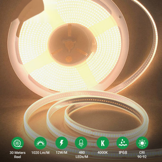 24V COB LED Strip Lights 30 Meters Reel with 480 LEDs/M, 12W/M, 1200lm/M, CRI 90-92, 4000K, IP68 – Ener-J