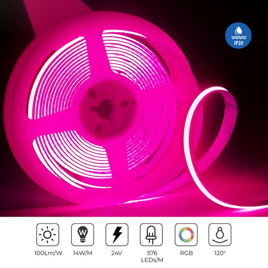 24V COB LED Strip, RGB with 576 LEDs/Meter, 14W/Meter, DC Connector included, IP20 – Ener-J