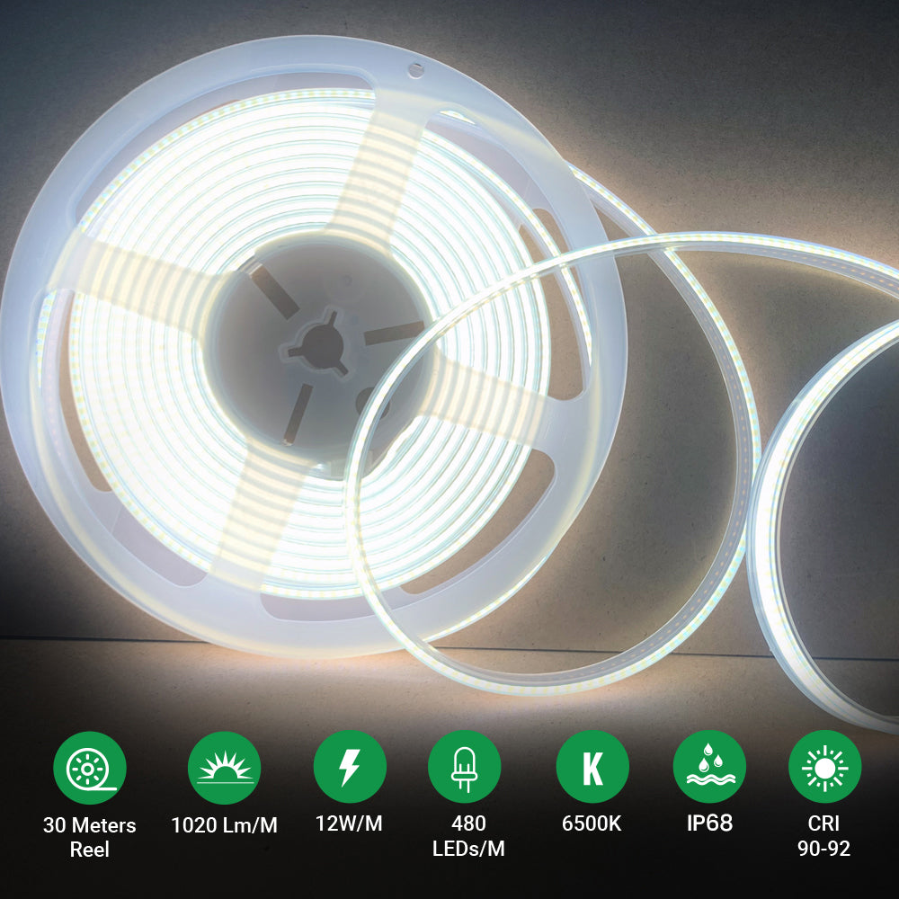 24V COB LED Strip Lights 30 Meters Reel with 480 LEDs/M, 12W/M, 1200lm/M, CRI 90-92, 6500K, IP68