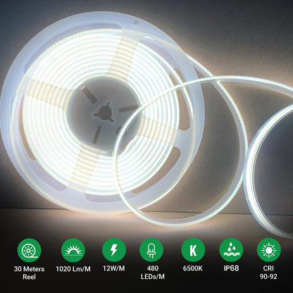 24V COB LED Strip Lights 30 Meters Reel with 480 LEDs/M, 12W/M, 1200lm/M, CRI 90-92, 6500K, IP68
