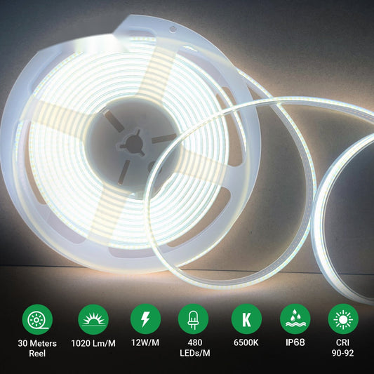 24V COB LED Strip Lights 30 Meters Reel with 480 LEDs/M, 12W/M, 1200lm/M, CRI 90-92, 6500K, IP68 – Ener-J