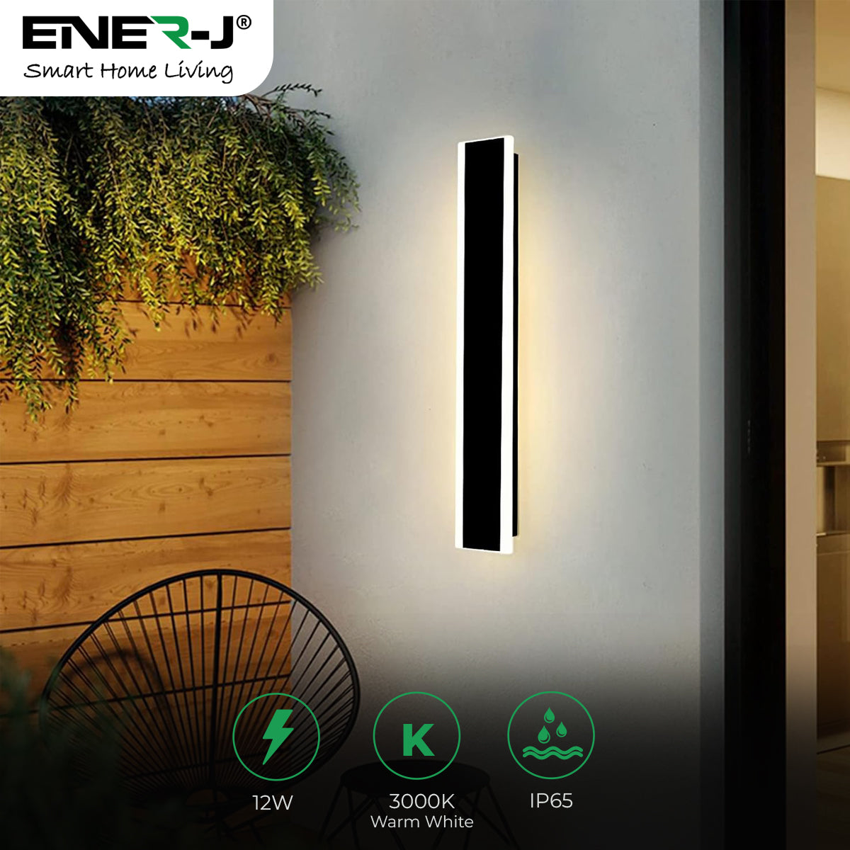Ener-J 60 x 8 cms size Outdoor Acrylic Black Wall Lights, 12W Waterproof IP65 Warm White