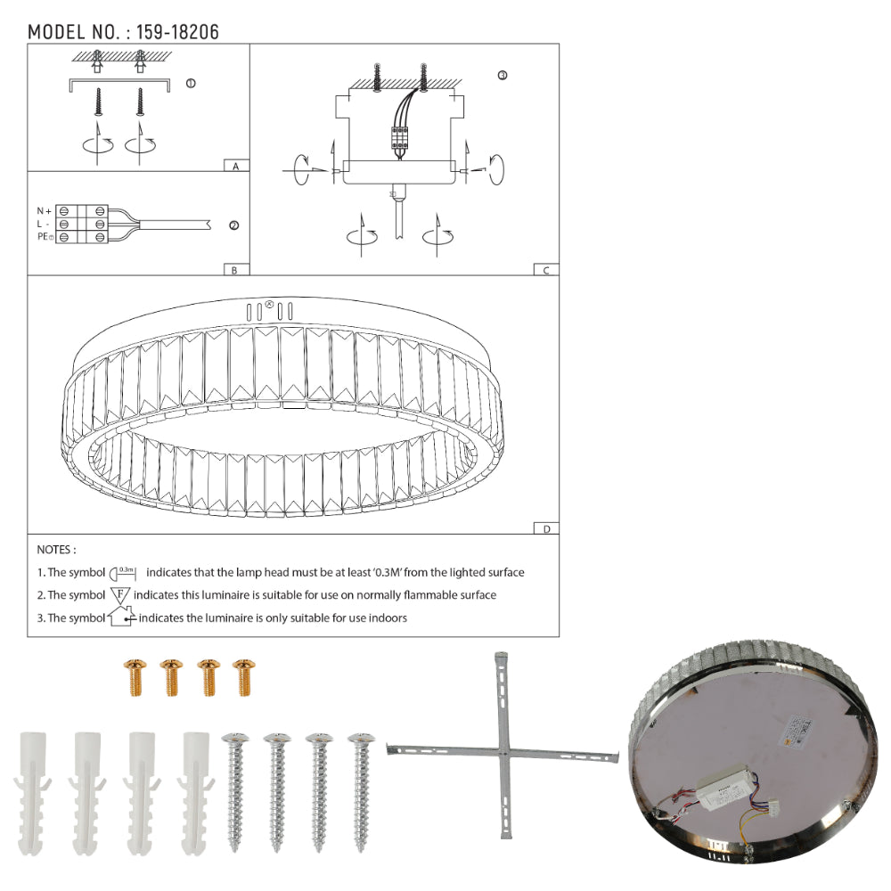 Ring Crystal Chrome Flush Ceiling Chandelier Light with Remote Control 3 Colour