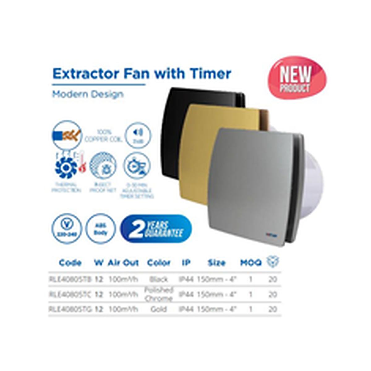 Extractor Fan With Timer – Black / Chrome / Gold | RLE40805T
