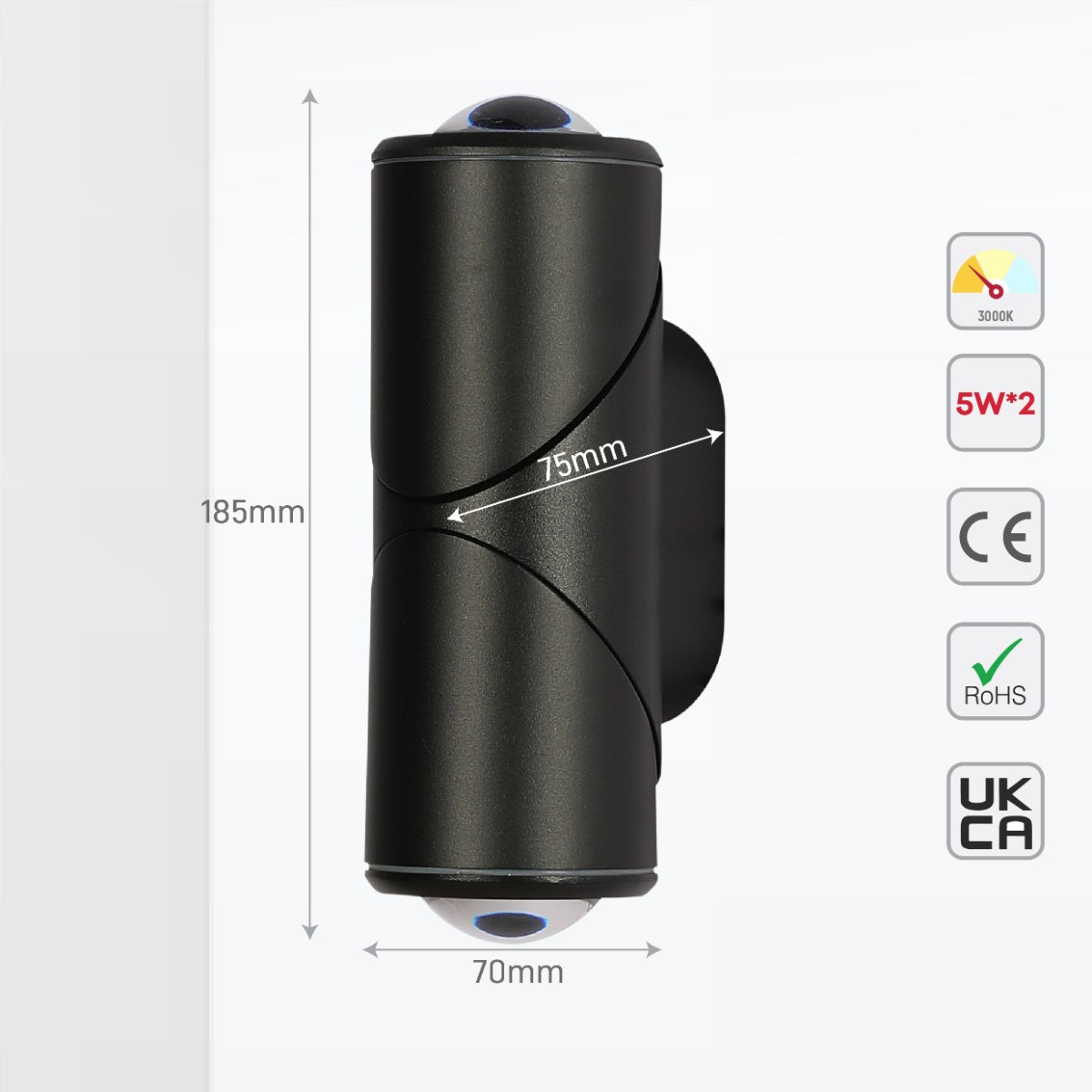 Rotatable Cylinder Outdoor LED Wall Light, Black, Narrow Beam
