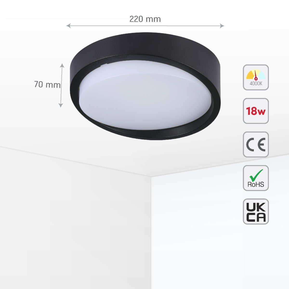 Sleek LED Bulkhead Light IP65 Ceiling Wall Interior Exterior 18W 4000K Black