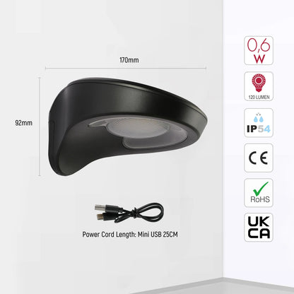 Solar-Powered Curved Designer LED Wall Light, Motion Sensor, 3000K Warm White, Rechargeable for Outdoor Use