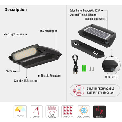 Solar-Powered Tiltable LED Wall Light, Motion Sensor, 3000K Warm White, Rechargeable, Outdoor Use