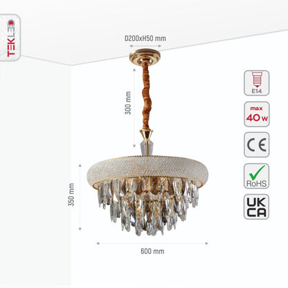 Gold Antique Brass Metal and Crystal Chandelier