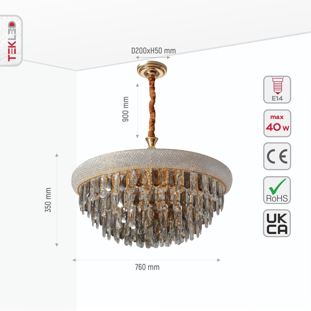 Gold Antique Brass Metal and Crystal Chandelier