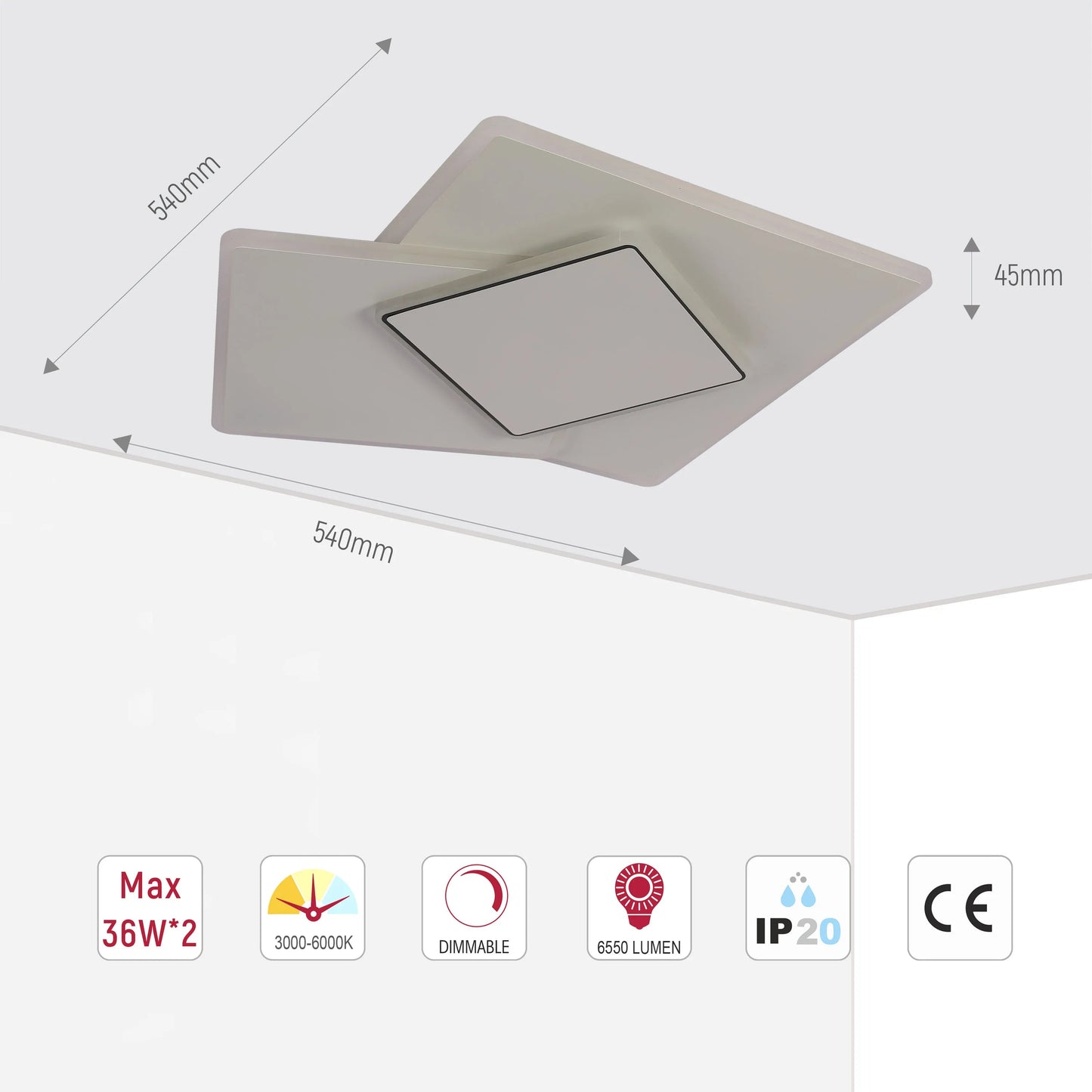 Staggered Trio Square LED Ceiling Light, CCT Tunable with Remote, 72W, Flush Mount
