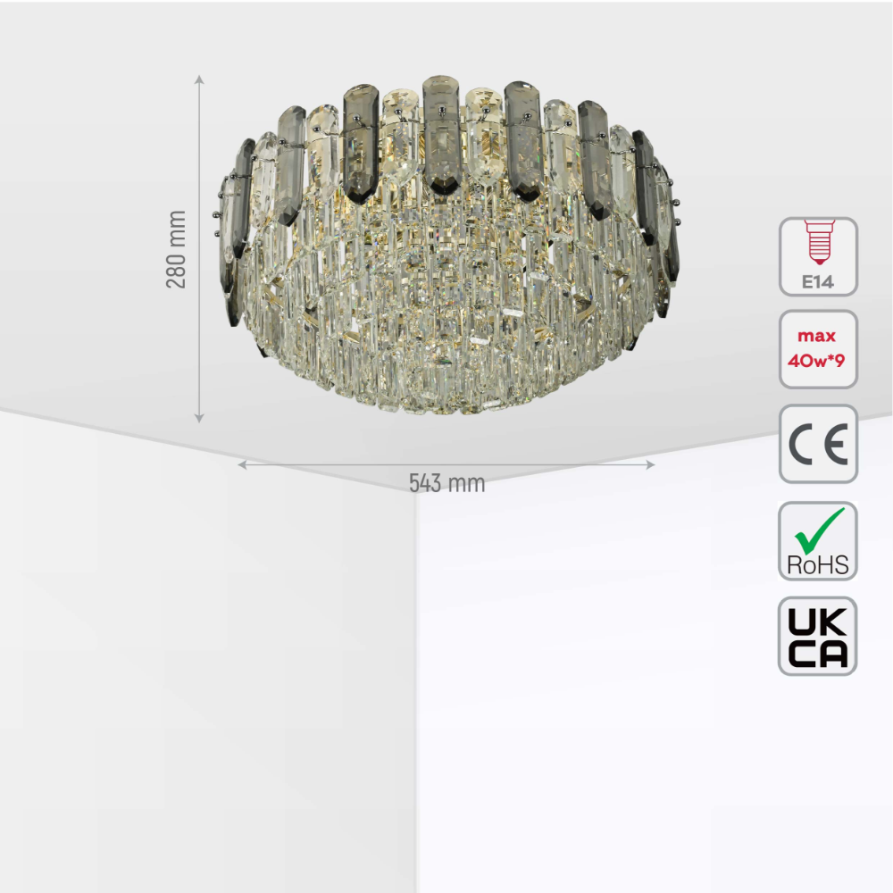 Tiered Flush Chandelier Ceiling Light with Smoky and Clear Crystals