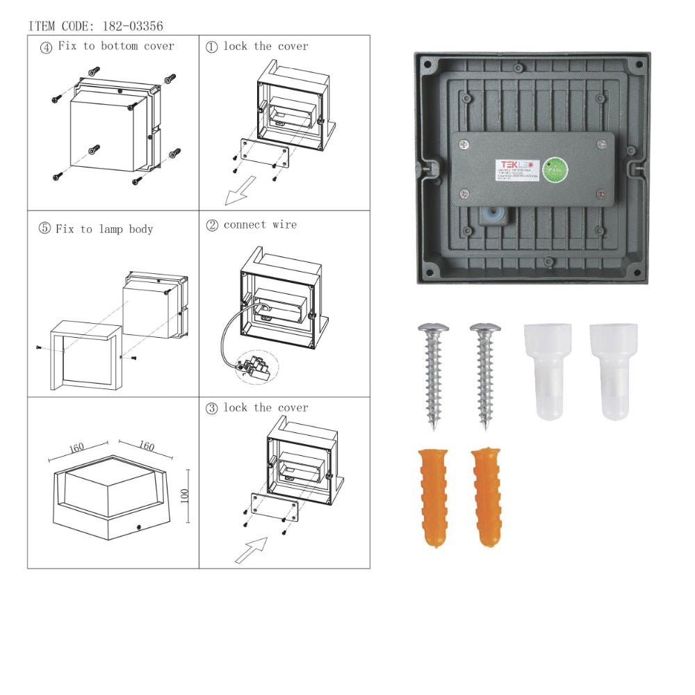 LED Diecast Aluminium Square Hood Wall Lamp 12W IP54 Grey