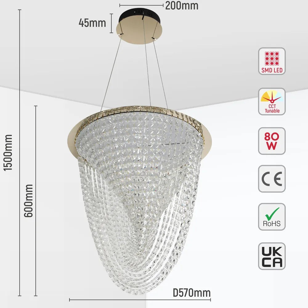 Vortex Crystal Cascade LED Chandelier 80W Gold