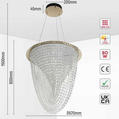 Vortex Crystal Cascade LED Chandelier 80W Gold