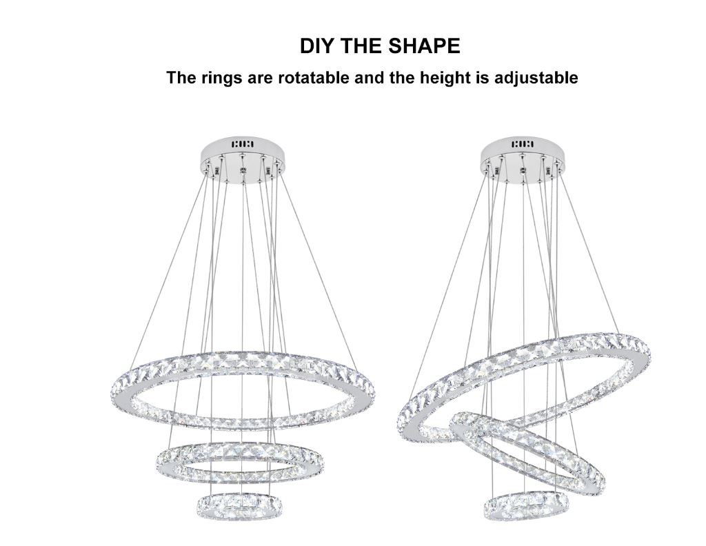 Modern White 3-Ring Adjustable LED Crystal Chandelier - Image 4