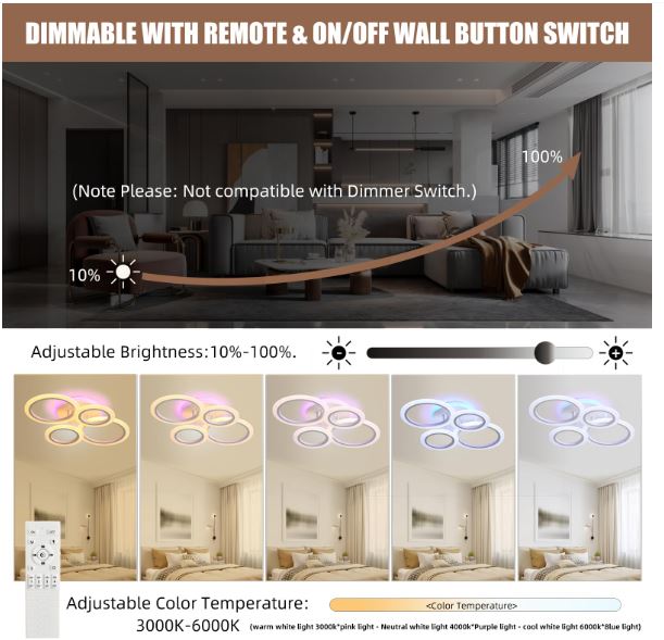 Modern White 4 Rings LED Ceiling Light 50W with Remote Control - Image 3